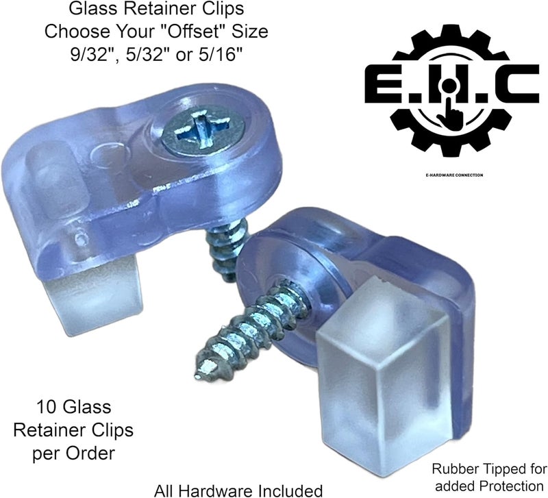 EHC Glass Retainer Clips / “Clear “Glass Clips with All Hardware /Choose Your Offset Size (9/32” 5/32” or 5/16”) 10 Glass Retainer Clips per Order by E.H.C. (5/32" Offset) - Image 2